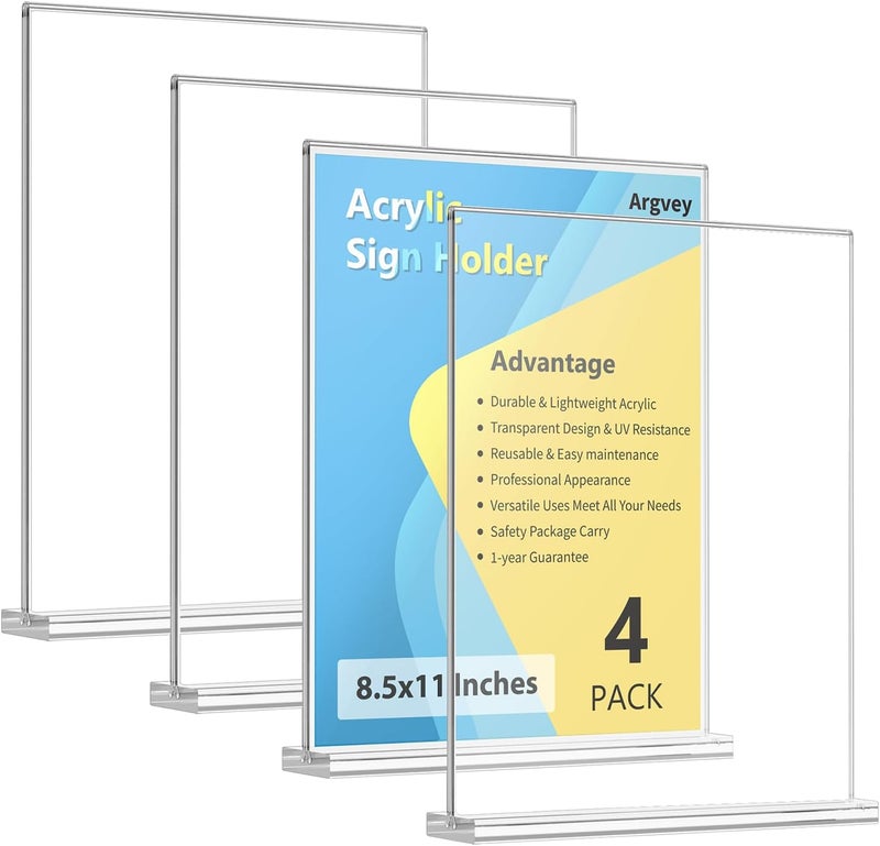 Argvey 4-Pack Acrylic Sign Holder, 8.5 x 11 Inch Vertical T Shape Table Display Stand, Double-Sided Clear Plastic Sign Holders for Paper, Menu, and Flyer, Ideal for Home, Office, Restaurants, and Stores - Image 1